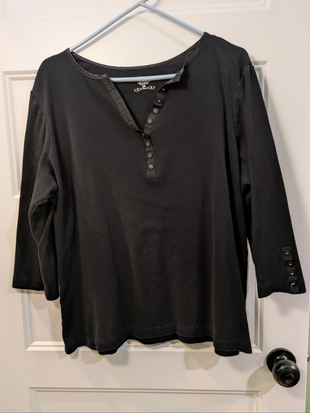 dressbarn Black Long-Sleeve Henley with Button Placket